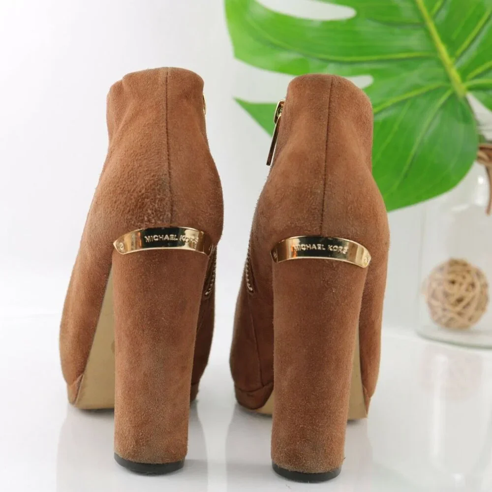 Michael Kors Womens Haven Boot Size 8 Camel Tan Suede Block Heel Platform Bootie
